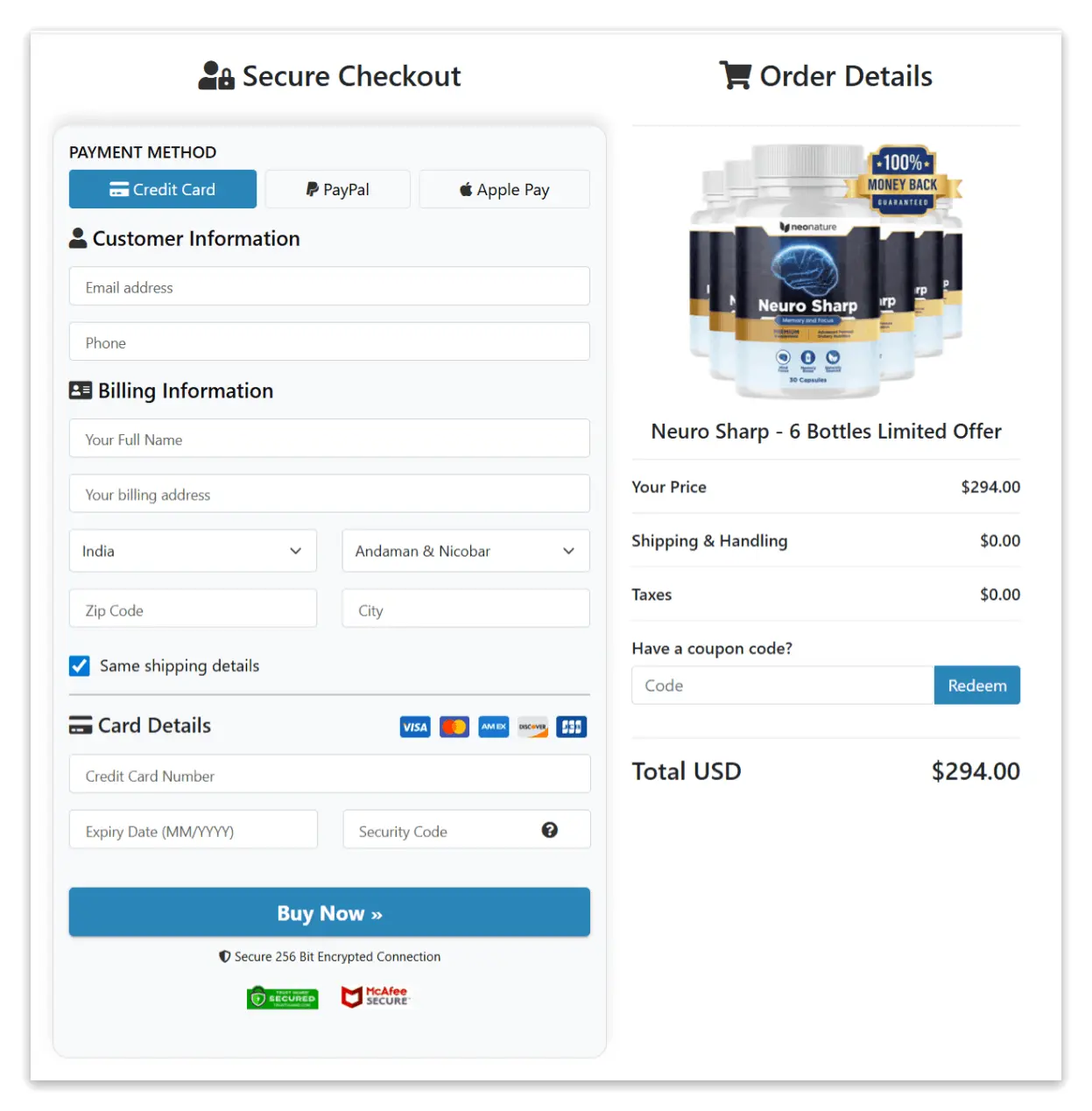 Neuro Sharp Secure Checkout Page